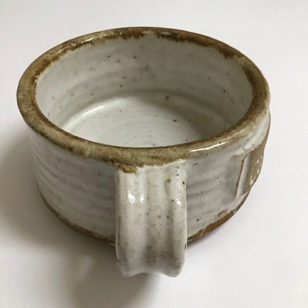 Handmade Studio Pottery Chowder Bowl Handle Natural Speckled Glaze Rustic Cabin